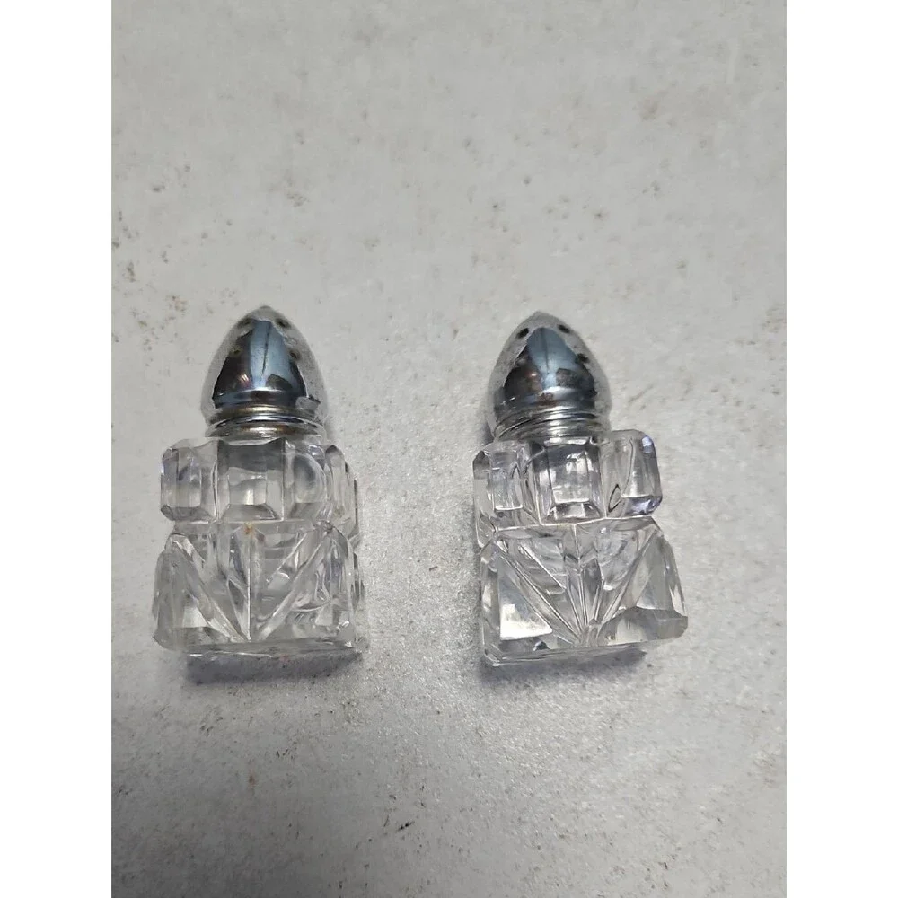 Vintage Cut Crystal Salt and Pepper Shakers - Clear Glass with Silver Tone Tops